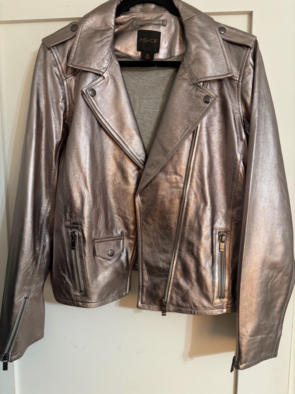 AS•DF Women's Metallic Taupe Leather Biker Jacket